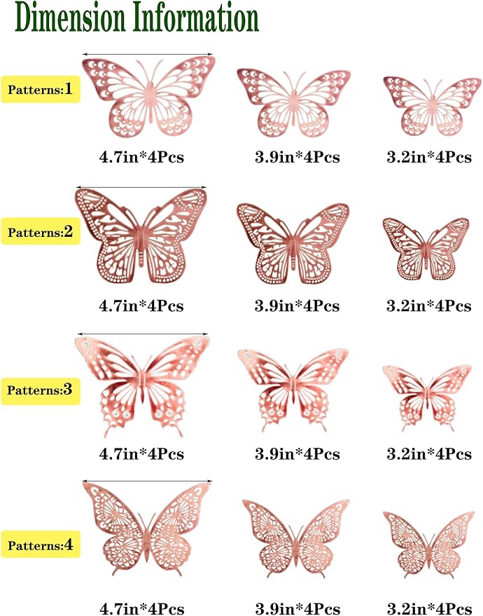 JOSDIOX 3D Rose Gold Butterfly Wall Stickers - 48 Pcs with 4 Styles & 3 Sizes, Removable Decor for Party Birthday Wedding Cake Balloon Decoration（48 Rose Gold