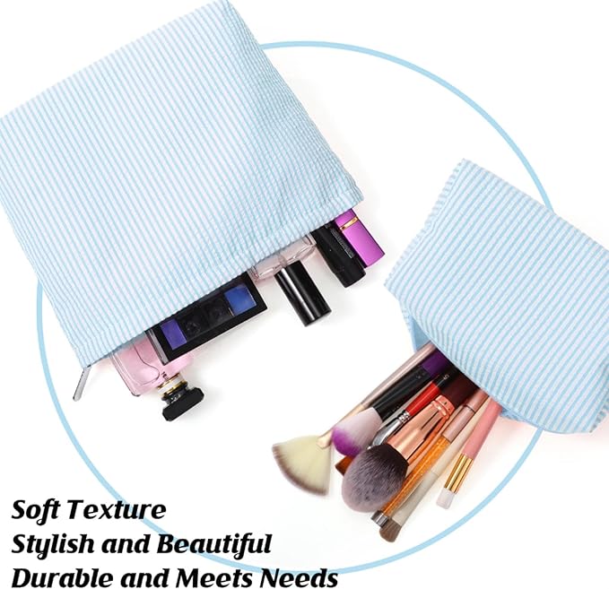 2 Pcs Makeup Bag Set Cute Cosmetic Pouch for Women Seersucker Travel Toiletry Bag Preppy Small Makeup Purse Pouch Aesthetic Skincare Brushes Storage Organizer for Valentine Women(Light Blue)