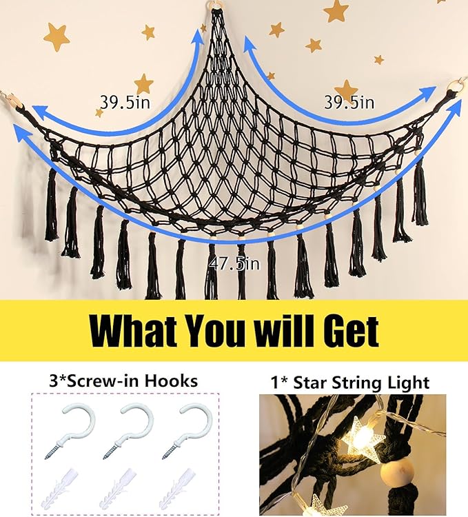 Stuffed Animal Toy Storage Hammock with LED Light - Macrame Jumbo Doll Corner Stuff Animals Organizer Decorations - Cute Hanging Plushie Net Kids Baby Nursery Bedroom Room Decor