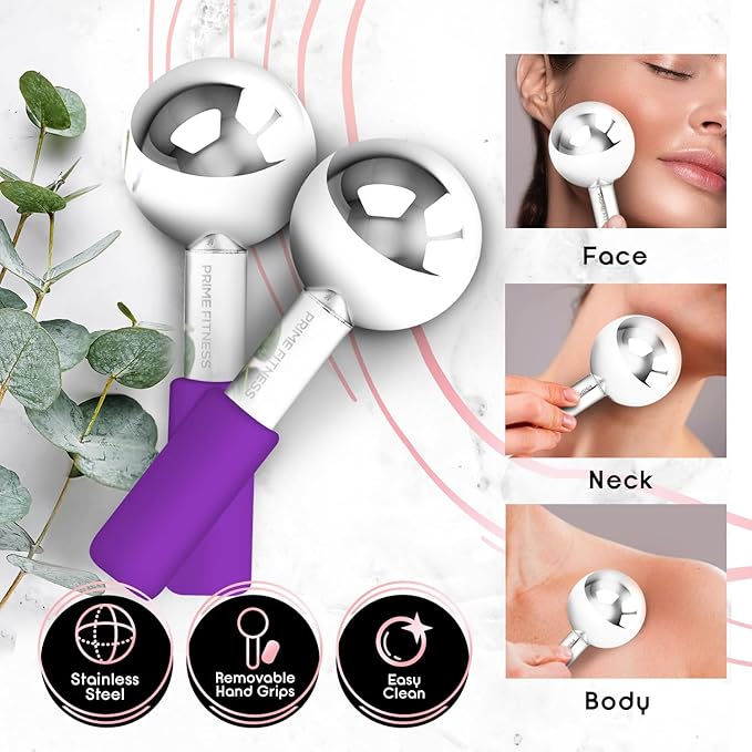 Ice Globes for Facials, Unbreakable Steel Cooling Roller, Cryo Sticks for Face, Massager for Face, Neck & Eyes, Skin Care for Dark Circles, Puffiness, Wrinkles, Collagen Production (Purple)