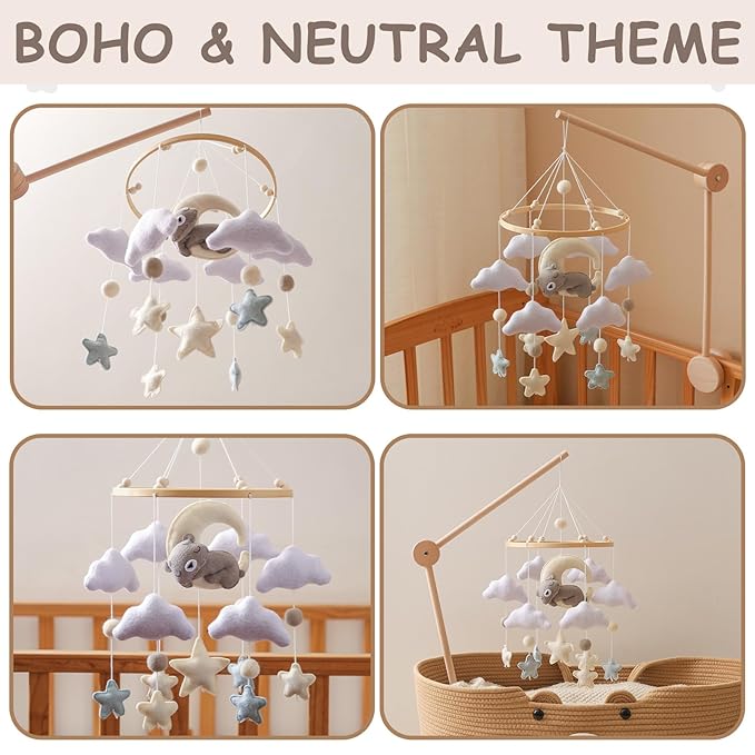 Baby Mobile for Crib – Handmade Hanging Felt Nursery Mobile – Fits Most Crib Arms – Gender-Neutral Boho Nursery Decor & Baby Gift