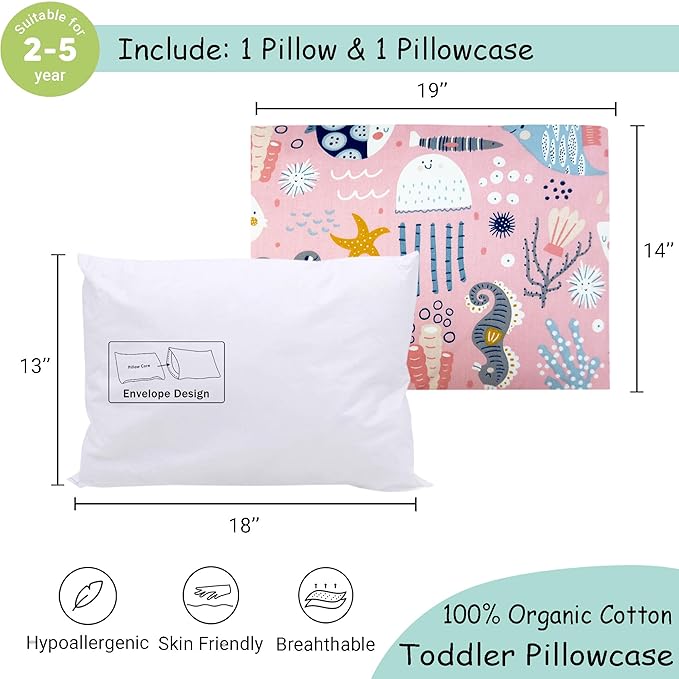 ZPECC Toddler Pillow with Pillowcase - 13x18 Organic Cotton Hypoallergenic Kids Pillow, Baby Essentials for Travel Crib Daycare Stroller (Intended for Age 2 and up) Ocean