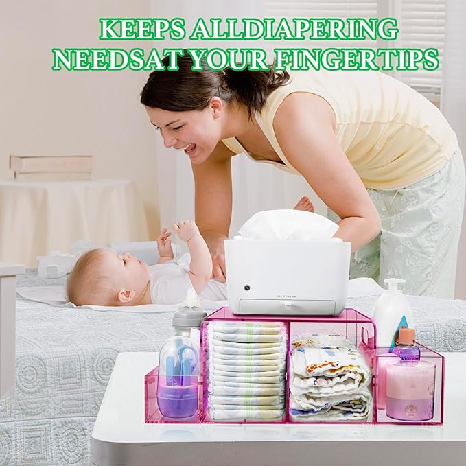 Acrylic Diaper Caddy, Baby Wipes Organizer for Changing Table, Dresser Top Tabletop Organizer with 4 Detachable Compartments, Anti-slip Rubber Feet, Newborn Baby Essentials, Red