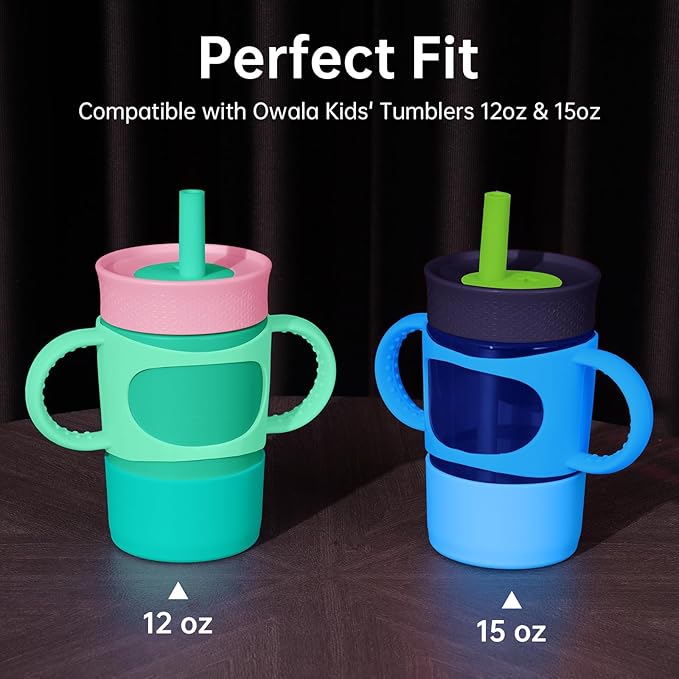NiHome Silicone Double Handle & Boot for Owala Kids’ Tumbler 12oz 15oz, Easy to Install for Toddlers to Grip & Train, Shock-Absorbing Bottom Sleeve Drop Protection, 2Pcs (Blue + Green)