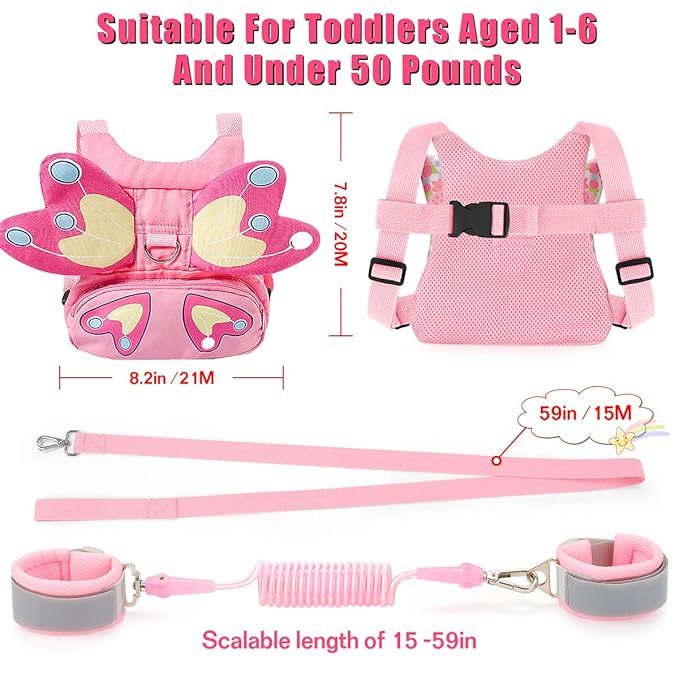3 in 1 Toddler Harness Leash, Breathable Kids Safety Harness with Anti Lost Wrist Link, 360° Swivel Adjustable Cute Cartoon Walking Leash for Girls, Ideal for Toddlers Outdoor Travel Shopping