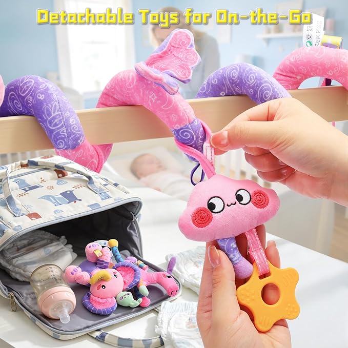 Musical Car Seat Toy for Babies 0-12 Months Girl, 5-in-1 Sensory Activity Hanging Toy Stroller Toy with Soothing Music, Rattle, Mirror for Newborn Infants Essential Gifts, Unicorn