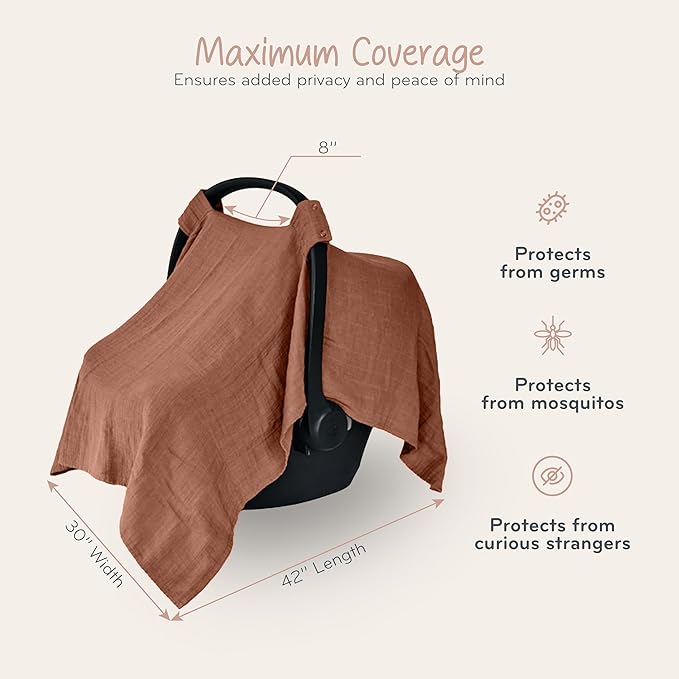 Car Seat Cover Baby - Organic Muslin Cotton - Carseat Canopy - 43" x 32" (Cedar)
