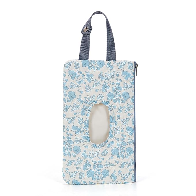 Quilted Baby Wipe Holder Quilted Wipe Pouch Portable Hanging Floral Wet Wipes Bag for Car, Stroller (Blue 4)