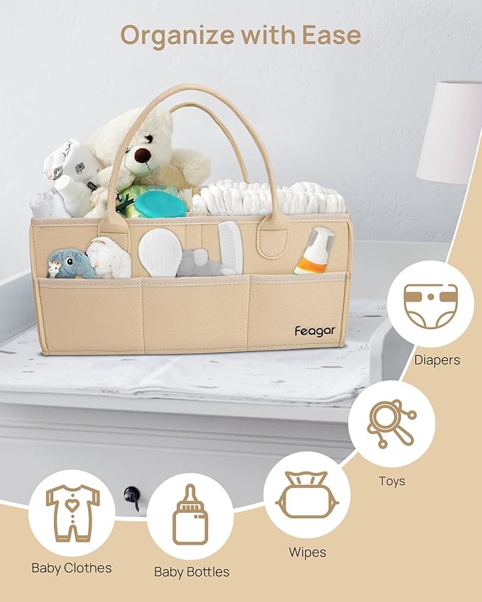 Feagar Baby Diaper Caddy Organizer, 15 Inch Large with 8 Pockets & 2 Dividers, Portable Nursery Storage Basket & Car Organizer for Changing Table, Travel (Khaki)