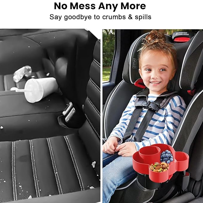 Red Car Seat Tray - Convert Cup Holder to Snacks & Toys Tray, 360 Rotatable for Kids Travel, Booster & Stroller