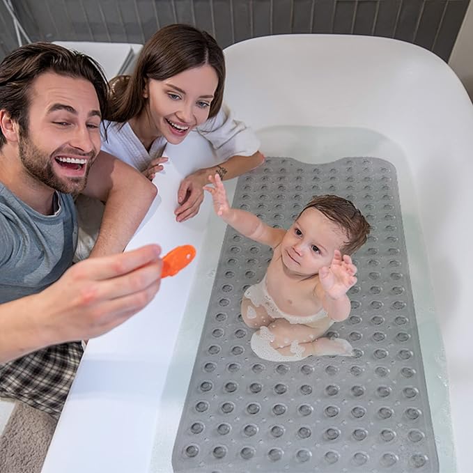 ROSMARUS Extra Long 16” x 39” Non-Slip Bathtub Mat, Shower Mat for Tub with Suction Cups and Drain Holes Bathtub Mats for Kids, Baby, Bathroom Shower Floor Mat Anti Slip Bathtub Accessories, Grey