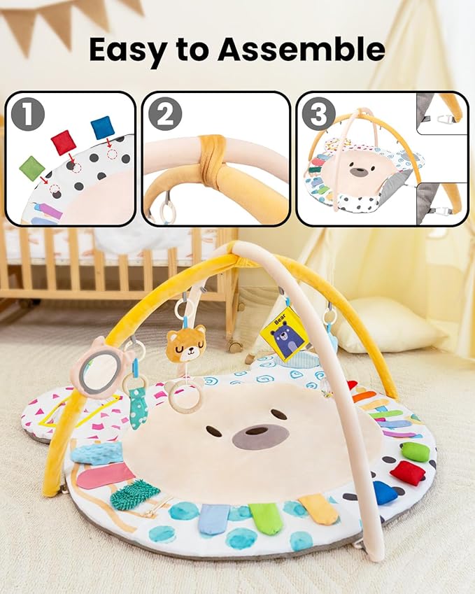 Beavtaens Baby Play Gym, Thickened and Non Slip Activity Mat, 5 Developmental Zones Tummy Time Mat with 5 Detachable Sensory Toys for Motor Skills, Baby Essentials Shower Gift Box(Bear)