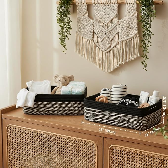 Small Woven Storage Baskets 2 Pack, 15"x11"x5.1" Decorative Storage Basket for Organizing Shelves, Closet, Nursery, Bathroom, Cotton Rope Basket, Black & Mixed Black