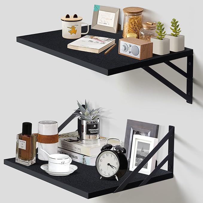 2 Pc Deep Floating Shelves ; 12 Inch Deep Wall Mounted Hanging Shelves for Living Room, Kitchen, Office, Bathroom and Bedroom Decor; Storage and Display Shelf Set (Black)