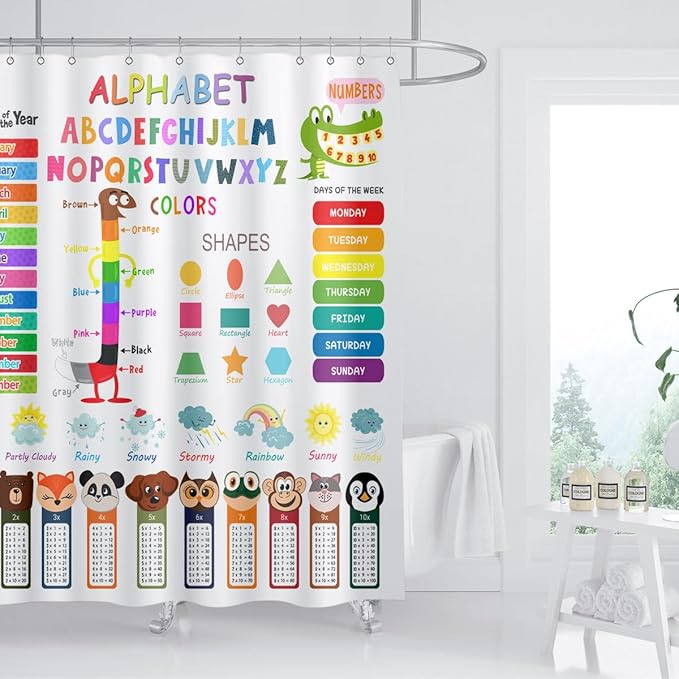 Kids Educational Shower Curtain ABC Learning Tool Funny Cartoon Animals Colors Shapes Weathers Multiplication Table Girls Boys Colorful Decor Waterproof Fabric 72Lx60W Inch with Hooks