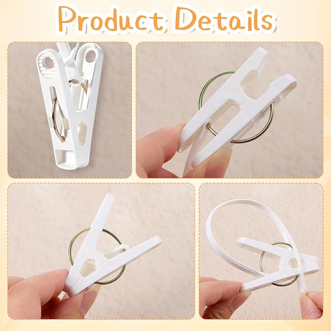 90 Pack Multi-Purpose Clothes Pins Laundry Hooks Hanging Clips with Plastic Rope for Baby Clothes Closet Organizer for Pants Hat Sock Boot Bra Towel Bathroom Wardrobe Kitchen, White