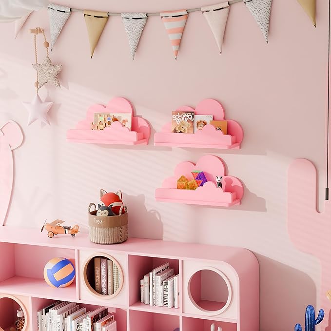 Cloud Shelves for Kid’s Room, 13’’ Long Nursery Wall Deor Set of 3, Pink Cloud Bookshelf Floating Shelf, Figure Shelf Wall Mounted, Cute Decorative Cloud Wall Shelf for Toys, Plants & Storage