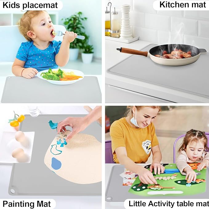 Gray Baking Mat -Food Grade Standard Silicone Mat for Kids Dinner Placemat Reusable Kitchen Countertop Mats Dough Pad with Raised Edges Heat Resistant Mat for Air Fryer (1Pack 23.6'' x 15.7'')