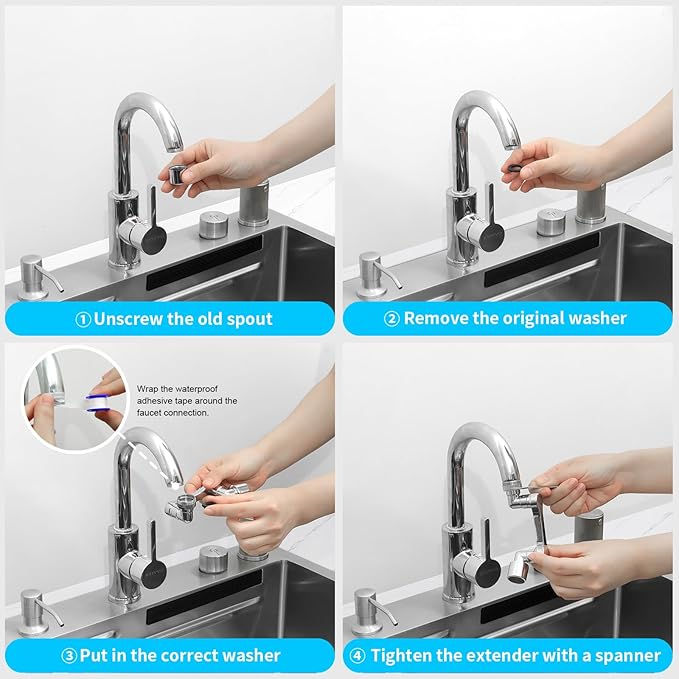 Longing Home 1080° Swivel Faucet Extender, Heavy Duty Rotating Sink Extension, Universal Swivel Multifunctional Robotic Arm, Rotating Splash Filter Extension Faucet Aerator for Kitchen Bathroom-4 Pcs