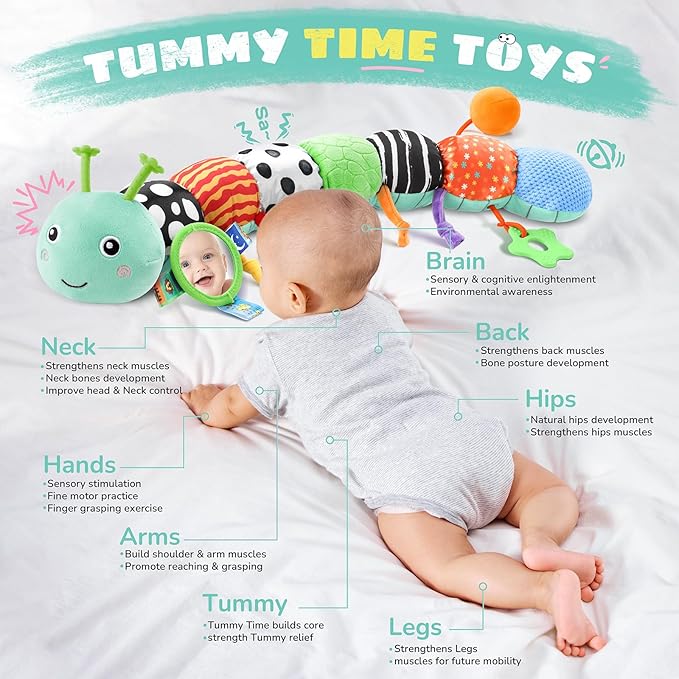 Baby Toys 6-12 Months Music Caterpillar,Stuffed Animals Infant Toys 0-3-6 Months,Teething Sensory Toys Tummy Time with Mirror Crinkle Rattle&Pull String for Boys Girls Gifts Birthday|Blue