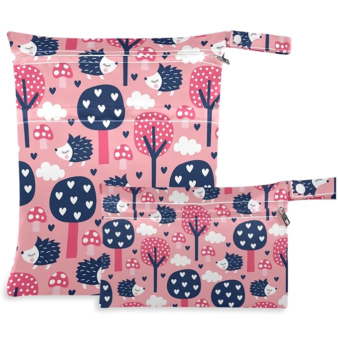 visesunny Hedgehog Forest 2Pcs Wet Bag with Zippered Pockets Washable Reusable Roomy for Travel,Beach,Pool,Daycare,Stroller,Diapers,Dirty Gym Clothes, Wet Swimsuits, Toiletries