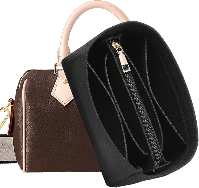 Premium Felt Purse Organizer Insert, 7 Compartments with Removable Zipper Pocket | Small Purse Organizer Fits LV Speedy 20, Noé BB, Mini Ophidia Tote, Groove 20 & More Bag Organizer Insert (Black)