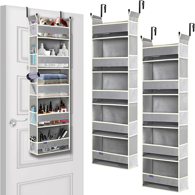 roomtalk 2 Pack Over The Door Hanging Organizer 5-Shelves and 10 Side Pockets, Over The Door Storage for Bathroom and Bedroom, Back of Door Organizers for Baby Products and Kid's Toys(13"x5"x44" Grey)