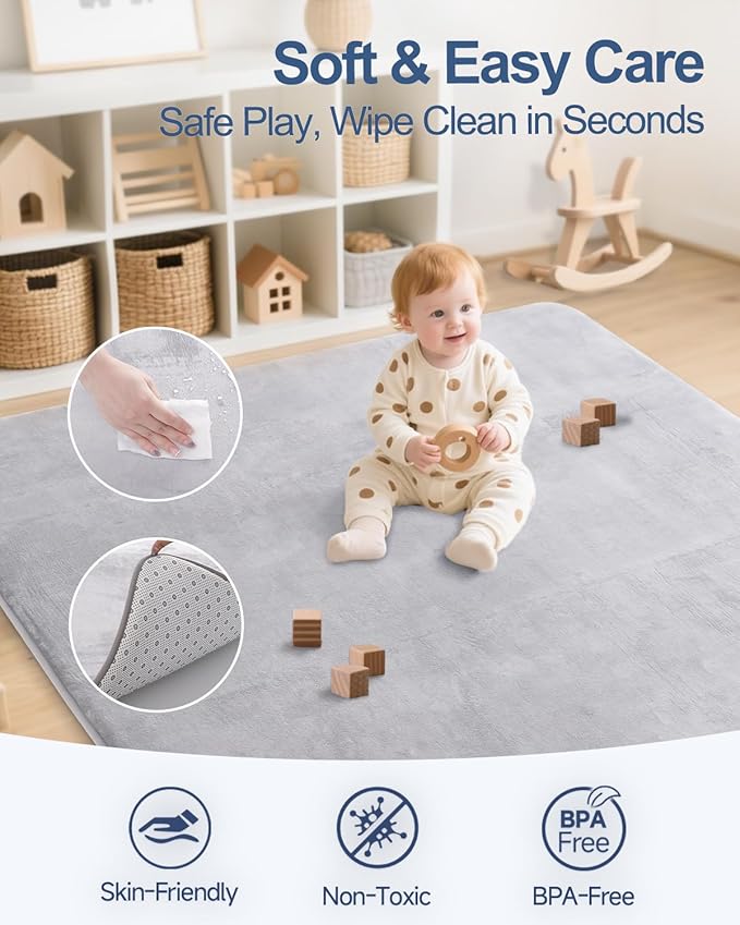 Large Thick Baby Play Mat for Floor,Padded 71x79 Playpen Mat,Foam Tummy Time Mat,Soft Support&Plush Feel Nursery Rug,Non Slip for Toddler,Infants,Kids Play,Yoga,Baby Crawling Mat (Light Grey)