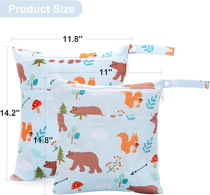 2 Pack Wet Dry Bags Waterproof Washable Travel Bags, Wet Bag with 2 Zippered Pockets for Diapers, Daycare, Bathing, Travel, Beach, Wet Swimwear, Yoga Gym
