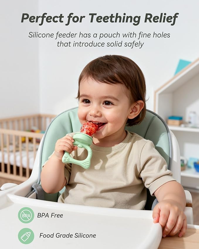 Silicone Baby Fruit Food Feeder (2 Pack) with Freezer Nibble Tray, Breastmilk Popsicle Molds for Baby Teething Relief, Feeder for Safe Infant Self Feeding, BPA Free, Dishwasher Safe, 3 Month+ Green