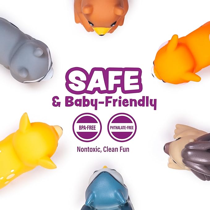 Tub Works® Woodland Animals Watertight Baby Bath Toys, 6 Pack | Sealed, No Hole Bath Toys Design Keeps Moisture Out | Soft, Squeezable & Float on Water | Easy-Grip Toddler Bath Toy Set for Kids Bath