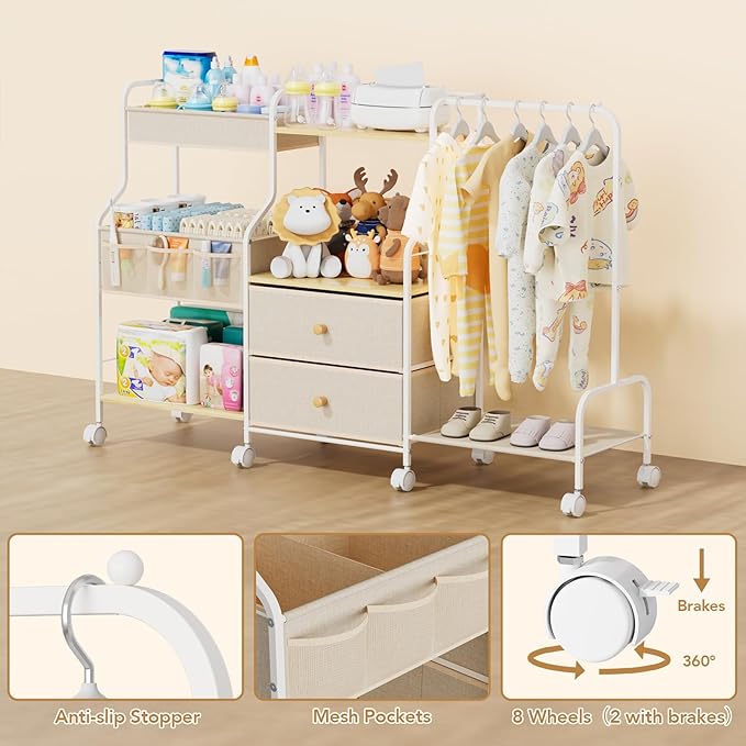 BBLIKE Diaper Caddy Organizer with Hanging Rack - 3 Tier Rolling Utility Cart with Drawers and Dividers for Baby Bottle Storage - Bedside Cart for Changing Station, Crib, Nursery, Bedroom, Beige