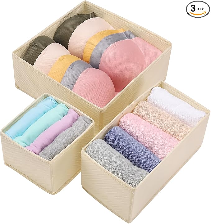 Foldable Dresser Drawer Organizers Clothes & Underwear Storage Box Drawer Divider Organizer Basket Bins for Socks, Bras - 3 Pack (Creamy-White)