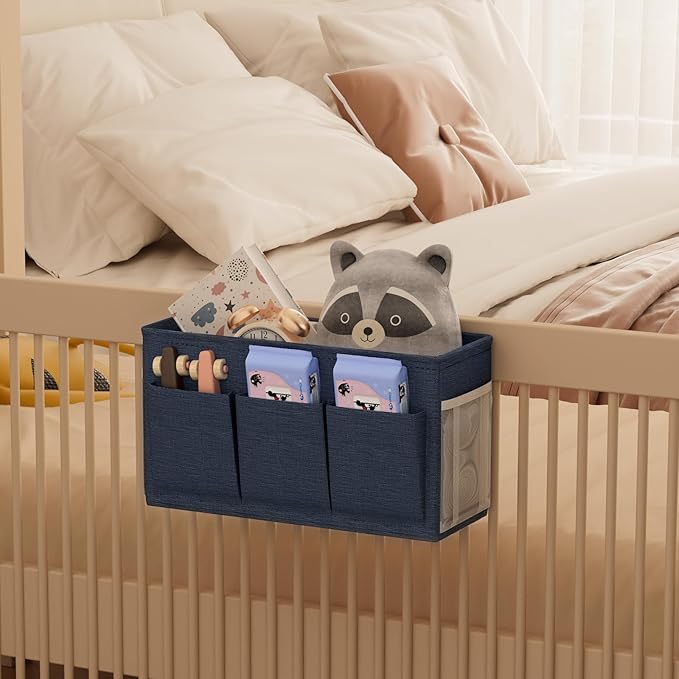 Edudif Dual-purpose Bedside Caddy Bedside Organizer, Bed Caddy with 6 Pockets, Versatile Bedside Storage Solution Magazine Remotes holder, ideal for Home, Dorm, Hospital, Crib Bed (Navy)