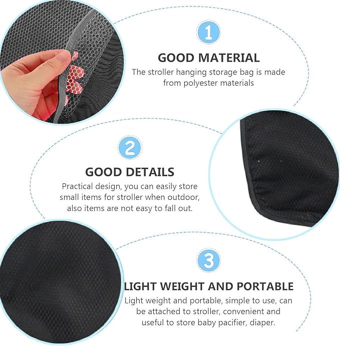 Stroller Side Bag - Bike/Stroller Organizer, Hook & Loop Easy Attach - Mesh Design, Non-Slip Straps, mom Cozy Stroller Organizer, Stroller Accessories, Black (BLACK 2PCS)