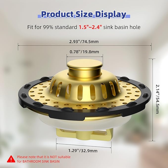 Universal Bathtub Drain Stopper Shower Drain Hair Catcher, Tub Stopper with Visible Top Strainer, Upgraded 3 in 1 Pop-up Drain Plug Fit for 1.5 to 2.4" Hole, Stainless Filter Basket, Brushed Gold