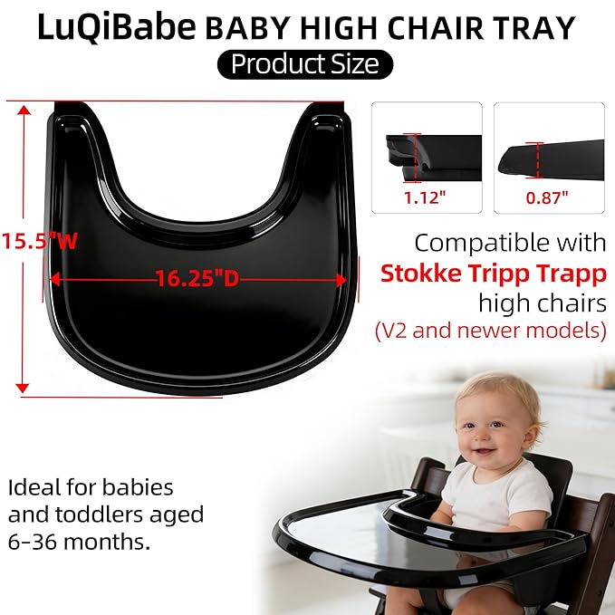 Baby High Chair Tray Compatible with Stokke Tripp Trapp V2+, Replacement Tray for Stokke High Chair, Smooth Surface & Strong Suction, BPA-Free & Dishwasher Safe, Toddlers 6–36 Months - Black