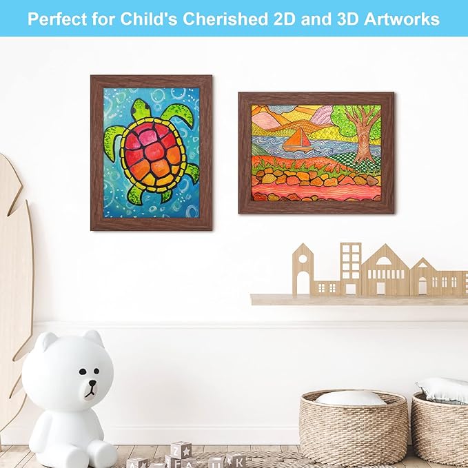 GULETHUN [2-Pack] Kids Art Frames, 8.5x11 Front Opening Kids Artwork Frames Changeable, Brown Artwork Display Storage Frame for Wall, Holds 50 Pcs, for 3D Picture, Crafts, Hanging Art, Portfolio