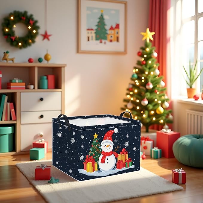 TIBAOLOVER Rectangular Christmas Basket Trick or Treat Spooky Boo Basket with Handles for Women Girls Cute Storage Bin Organizer(Snowman)