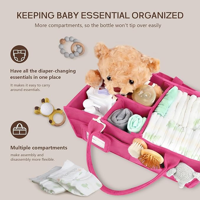 GEMII Diaper Caddy Organizer-Large Baby Caddy Organizer with Handle, Newborn Registry Essentials, Baby Shower Basket Gifts for Boys or Girls (Pink, Large)