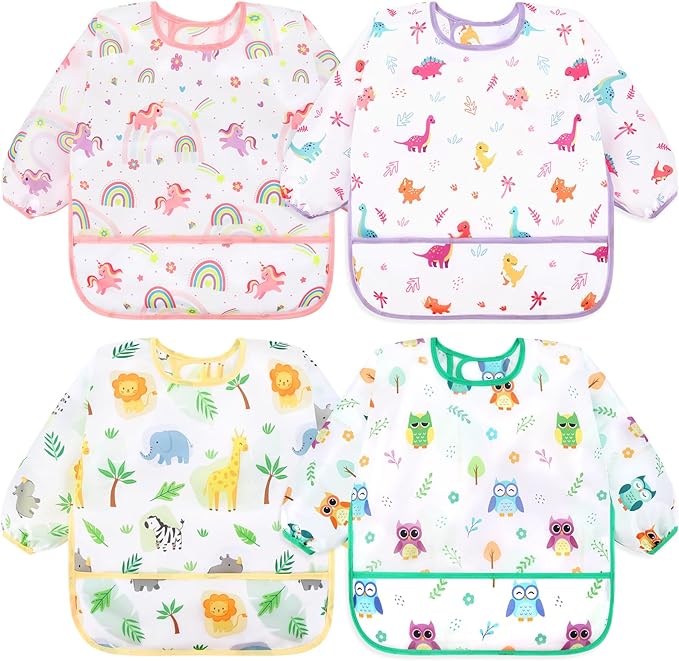 Accmor 4 Pack Long Sleeve Bibs, Baby Smock Waterproof Sleeved Bib Smock for Baby Toddler 6-36 Months