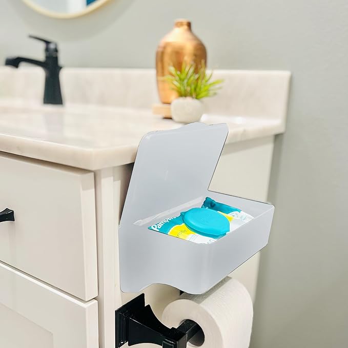 Bathroom Wipes Holder Dispenser with Shelf – Restroom Organizer & Wipe Holder for Bathroom – Tool Free Wall Mounted Baby Wipe Holder by Storage Theory – White, 2 Pack