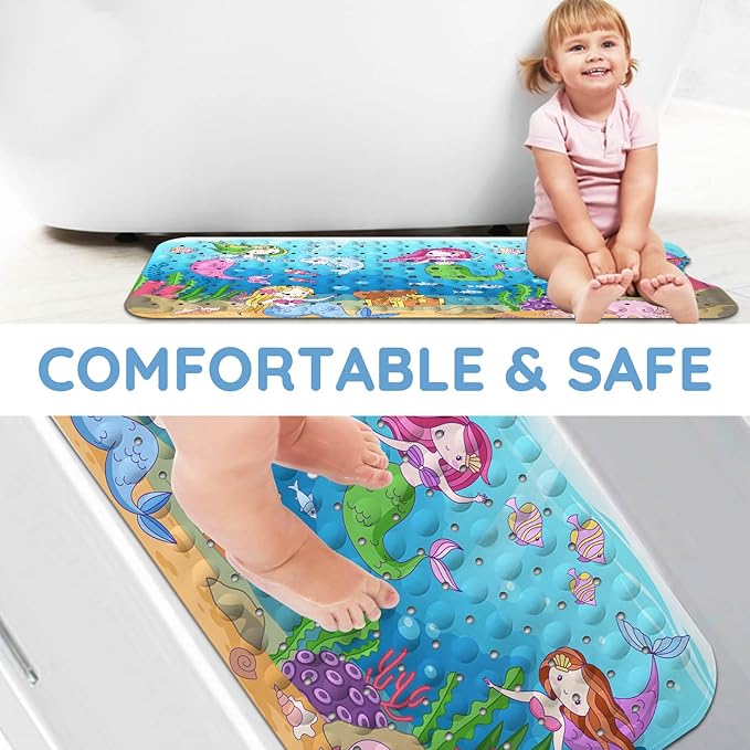 KINUUIS Bathtub Mats for Kids, Sea Ocean Mermaid Bath Mat for Tub Non Slip, 40 X 16 Inch Large Washable Bathtub Mat Non Slip for Showers with Drain Holes and Suction Cups