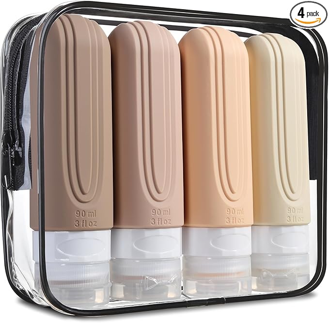 Mrsdry Travel Bottles for Toiletries, Tsa Approved 3oz Travel Size Containers BPA Free Leak Proof Refillable Liquid Silicone Squeezable Travel Accessories for Shampoo Conditioner Lotion (4 Pack)