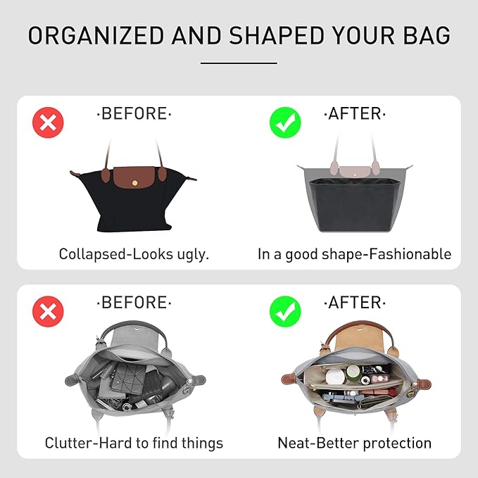 New DupontPaper Purse Organizer Insert Compatible with Longchamp Le Pliage L Tote M Handbag Insert, Lightweight Tote Insert for Long Champ Divier Shaper (Full Black, Large)