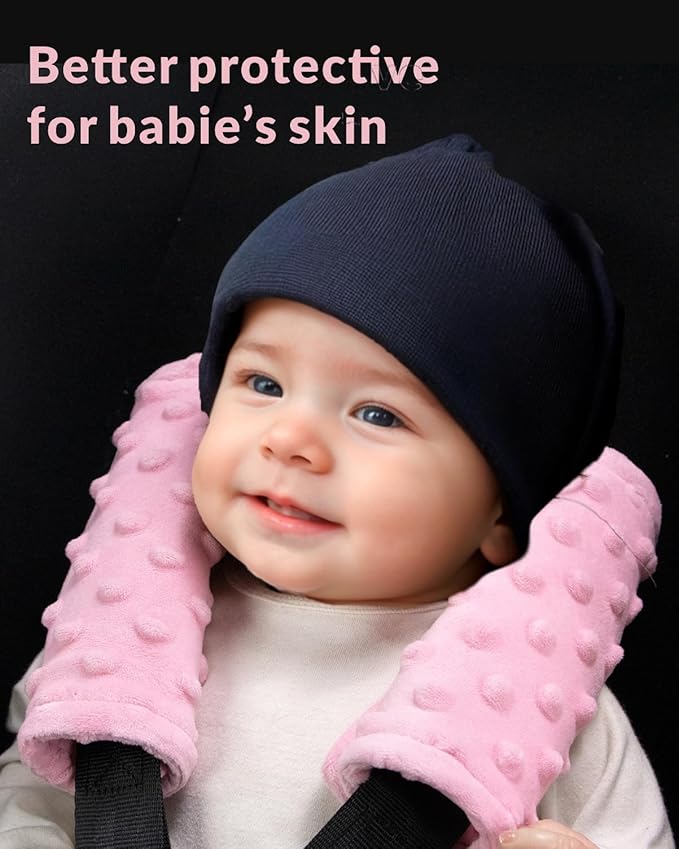 Car Seat Belt Covers 2 Pack for Baby Kids, Soft Reversible Car Seat Shoulder Strap Pads, Seatbelt Cushion, Neck Strap Covers for Stroller, Carrier, Pushchair -Dots, Pink