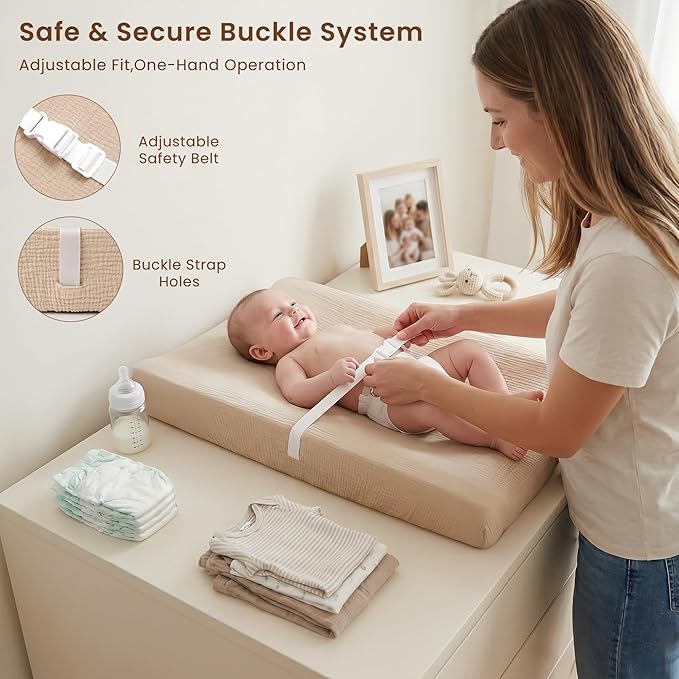 Konssy Muslin Changing Pad with Waterproof Lining Foam, Includes 2 Pack Soft & Cotton Cover, Baby Diaper Changing Pad for Dresser or Table, 32x16 inches (Coffee Check, Cream)