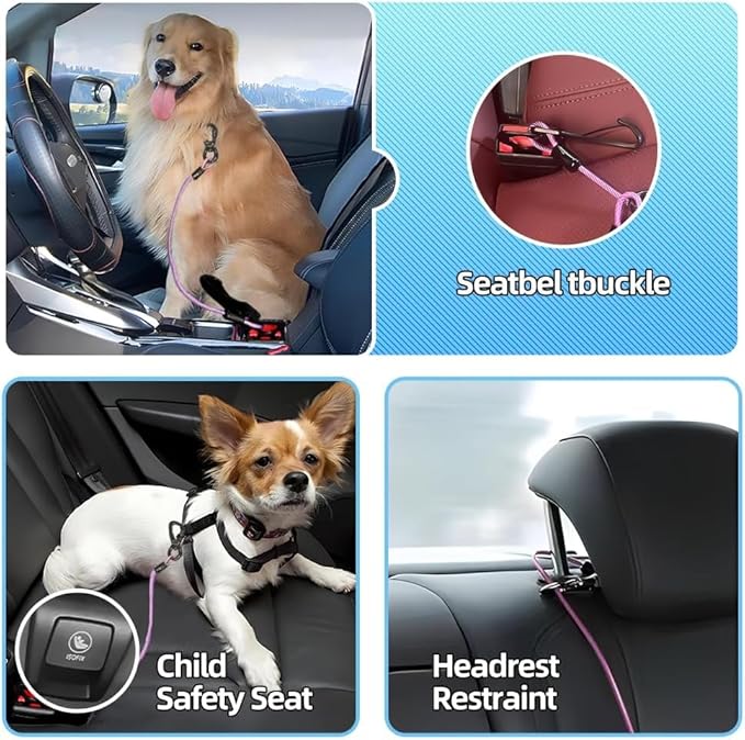 3-in-1 Dog Car Seat Belt Harness - Chew-Proof Steel Cable Seatbelt with Heavy-Duty Buckle & Clip - High Tensile Strength Car Safety Restraint for Small, Medium, Large Dogs (Green, 24 inch/60 CM)