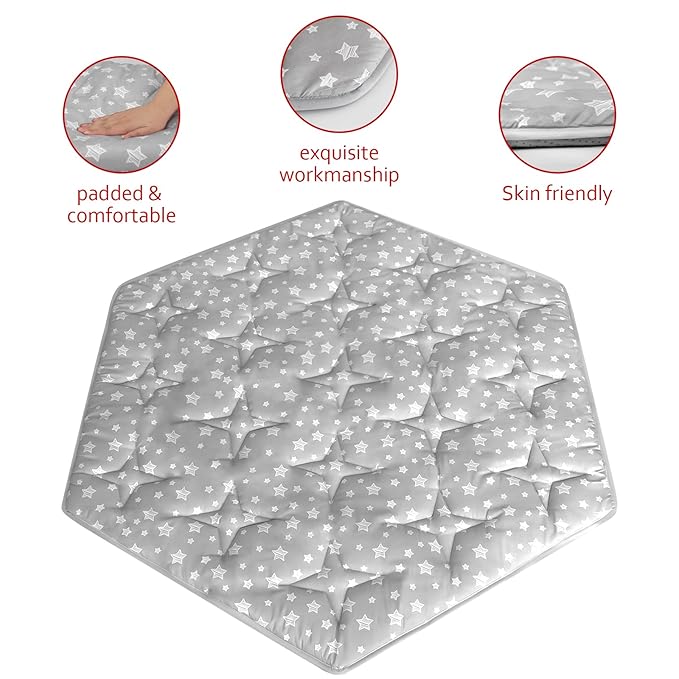 Hexagon Playpen Mat Compatible with POP 'N GO Baby Playpen, 59 Inch Hexagon Playpen Mattress Pad, Non Slip and Padded Play Mat Grey with Star Print