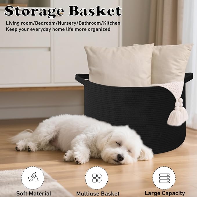 Large Storage Basket with Handle,23.6" x 23.6" x 15.7" Blanket Basket Storage Bins for Organizing,115L Cotton Rope Woven Baskets for Living Room, Nursery,Bedroom,Black